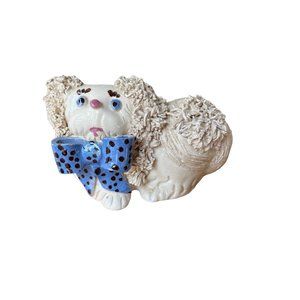 Vintage White Poodle Spaghetti Blue Bow polka dots figurine kitchy
